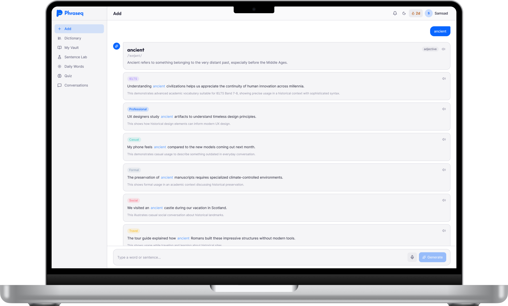 Phraseq app on MacBook